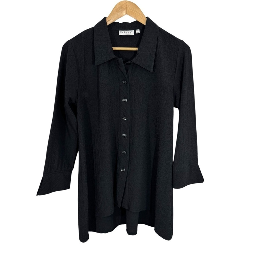 Habitat Seersucker Button Up Tunic Top Womens XS Black Casual Shirt Longline EUC